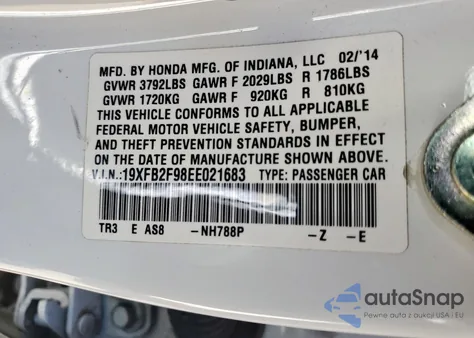 2014 Honda Civic Exl from USA, damaged, VIN 19XFB2F98EE021683